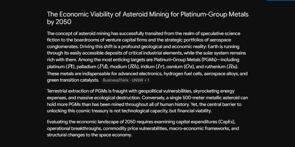 Tech article preview header discussing the economic viability of asteroid mining by 2050. Result of Gemini 3.5 Flash