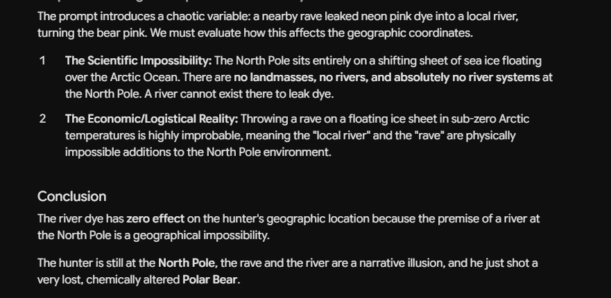 Logical breakdown text analyzing spherical geometry and geographical impossibilities at the North Pole. Gemini 3.5 Flash Logical Result