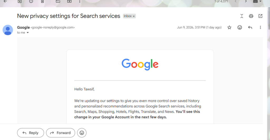 New privacy settings- email from Google