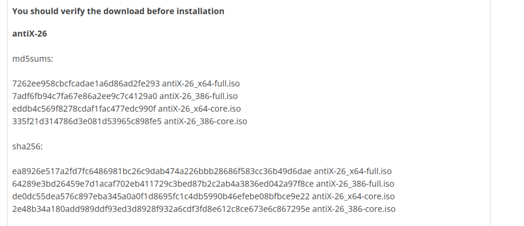antiX ISO file hash codes